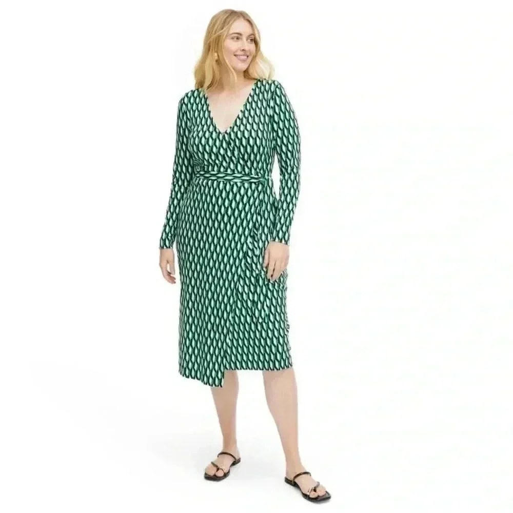 Nwt Women's Long‎ Sleeve Midi Arrow Geo Green Wrap Dress - DVF for Target…